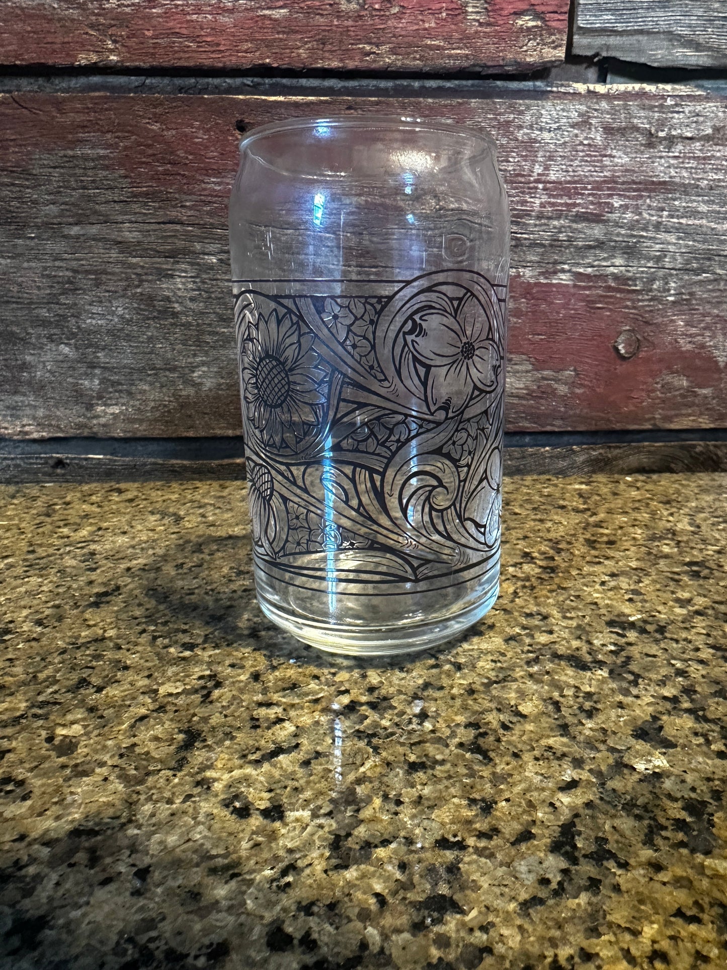 Can Glass Floral Leather Tooled