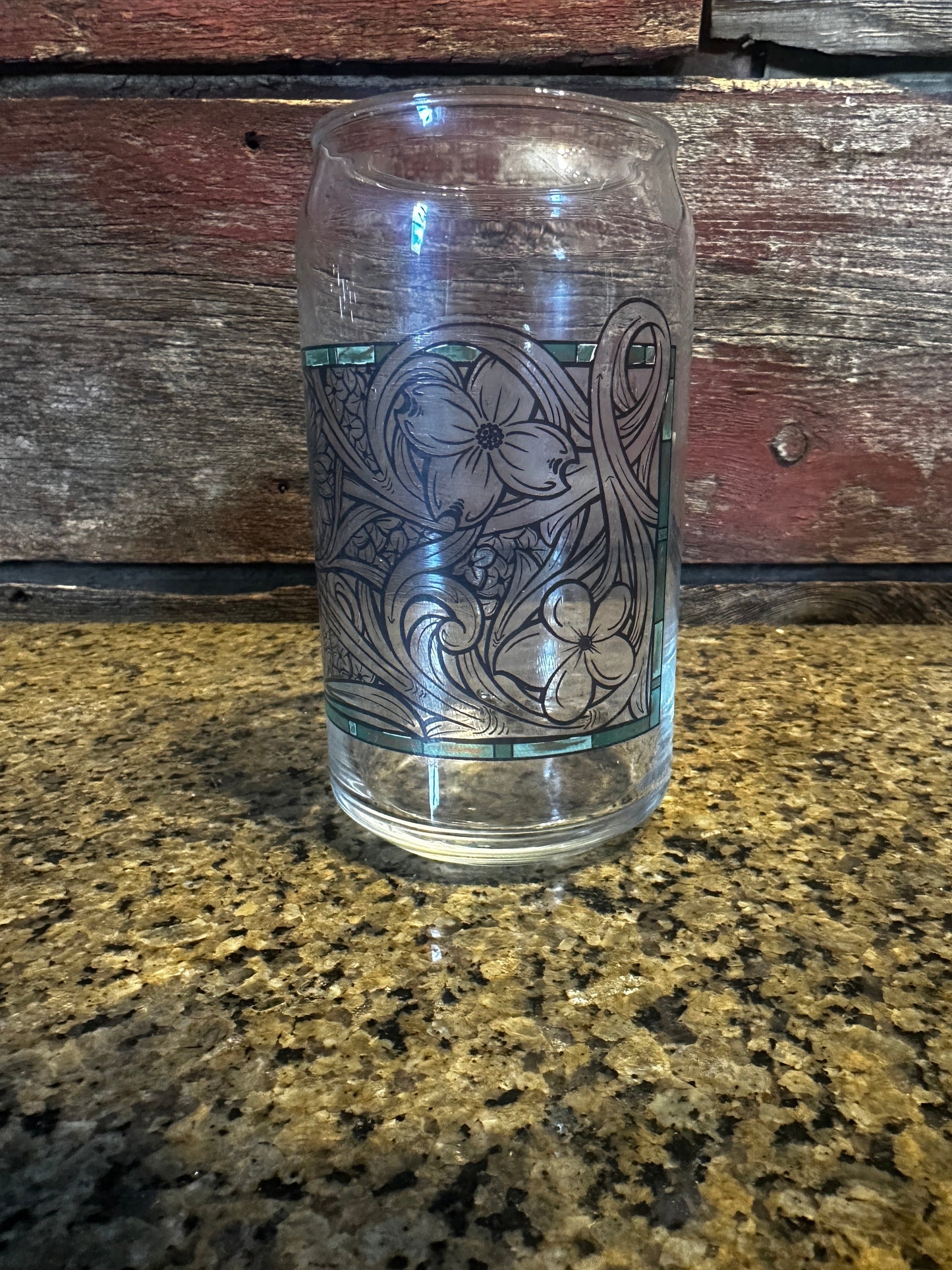 Can Glass Floral Leather Tooled