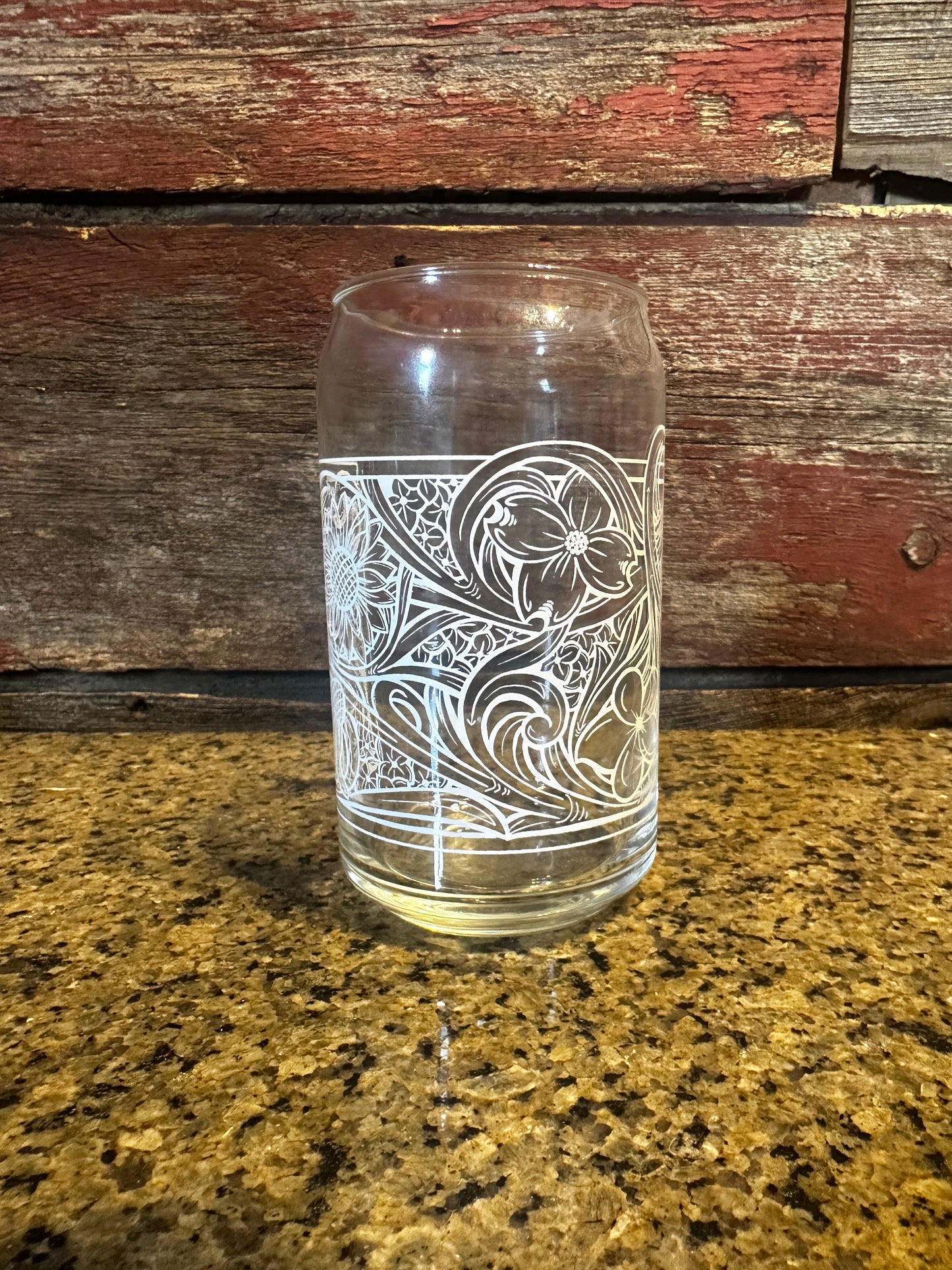 Can Glass Floral Leather Tooled