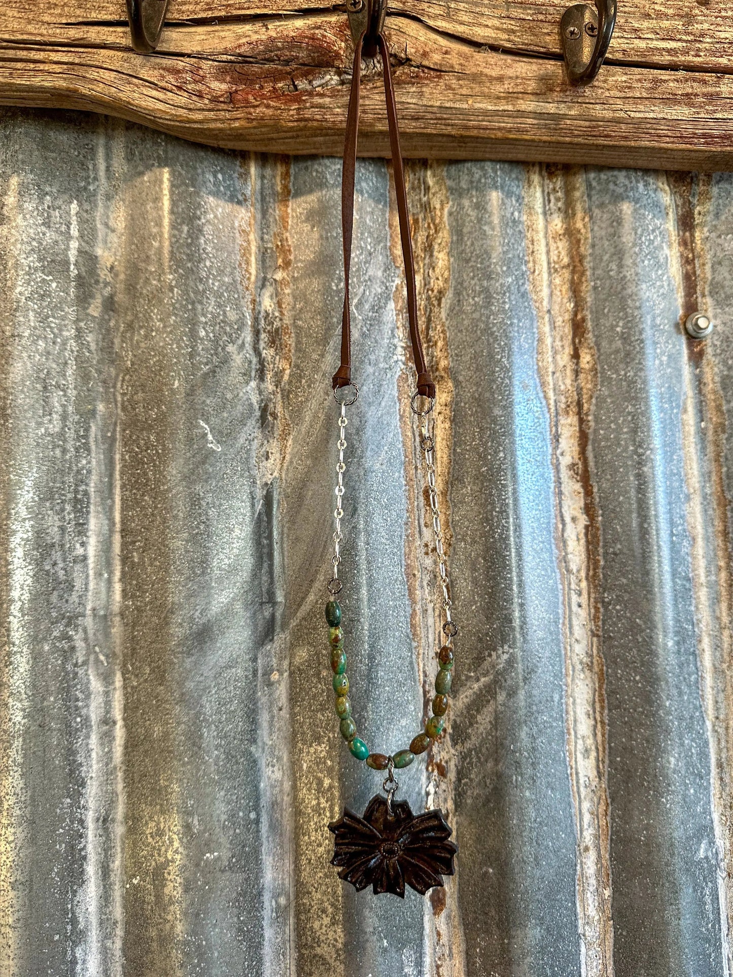 The Mabel Necklace with Green Turquoise Beads and Handtooled Leather Flower Pendant The Rodeo Rose