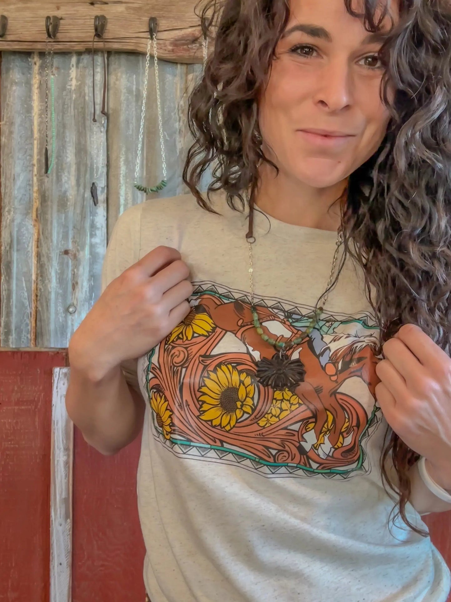 The Mabel Necklace with Green Turquoise Beads and Handtooled Leather Flower Pendant The Rodeo Rose
