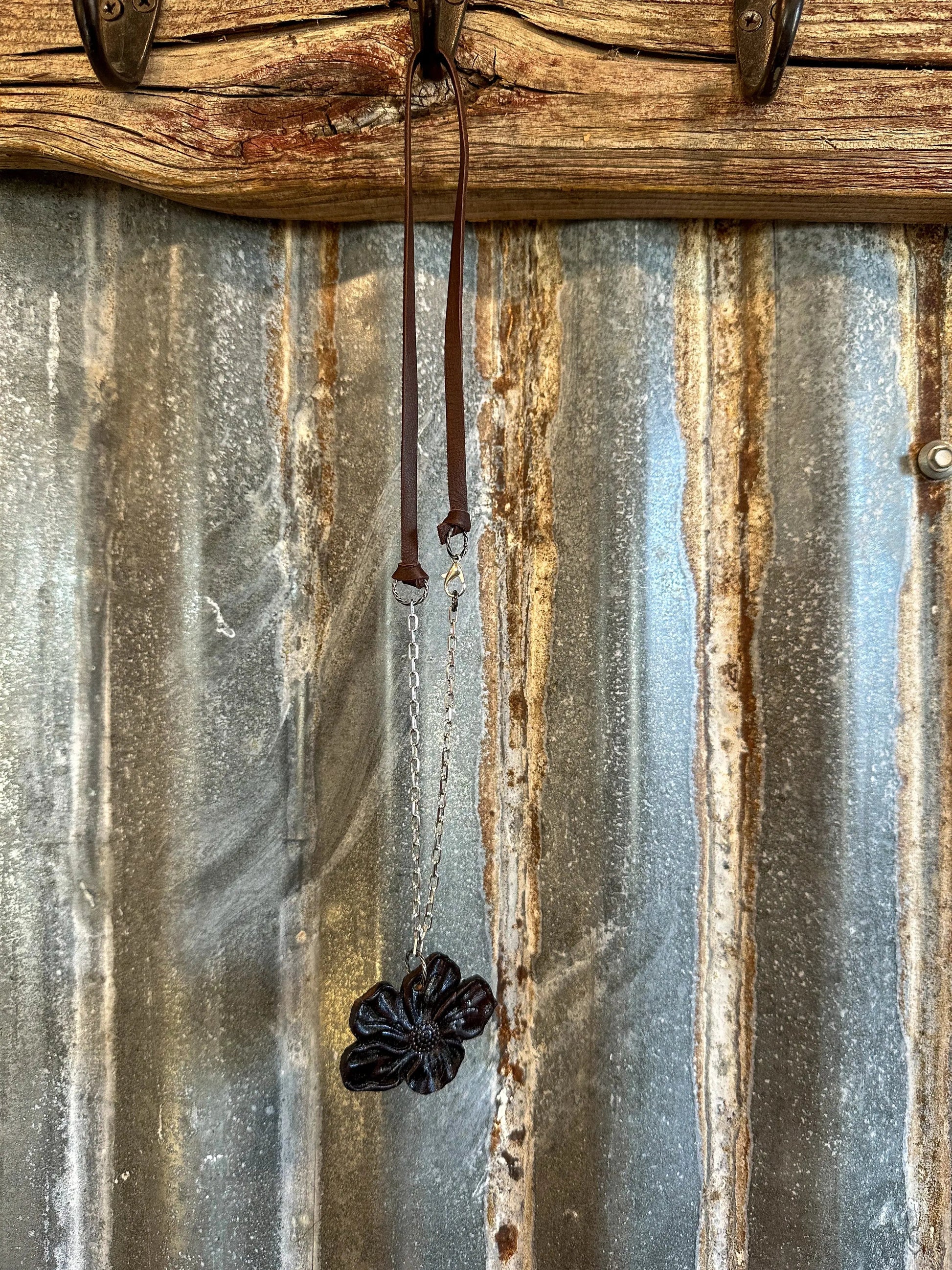 The Mabel Necklace with Handtooled Leather Poppy Pendant and Paperclip Chain The Rodeo Rose